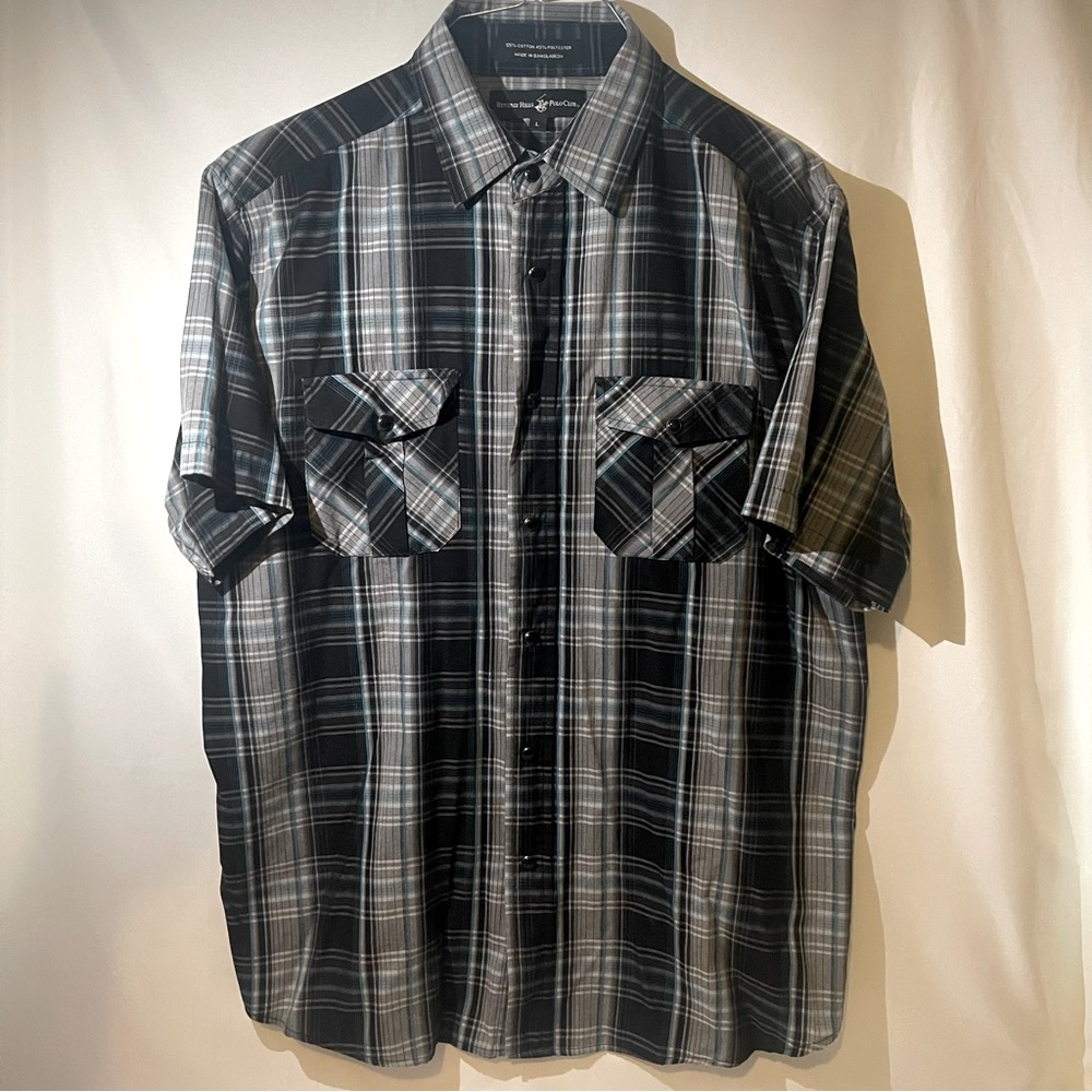 Beverly Hills Polo Club Dark Blue/Gray Short Sleeve Snap Button Up Shirt Large